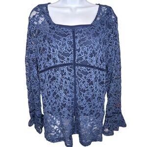 NWT Macy's INC Womens Navy Blue Floral Lace Bell Sleeve Blouse Sz XL Boho Flowy